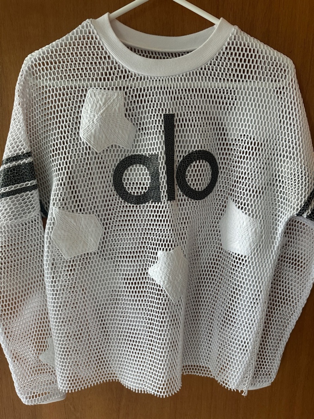 ALO Yoga White Mesh Crewneck Sweater with Black Logo